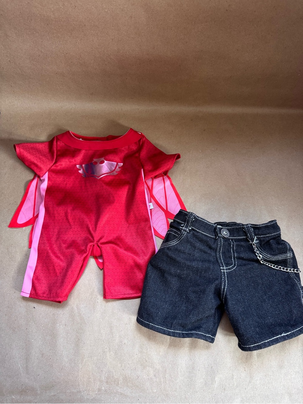 Build-A-Bear Clothing Lot: Denim Shorts w Wallet Chain & PJ Masks Red Owl Amaya